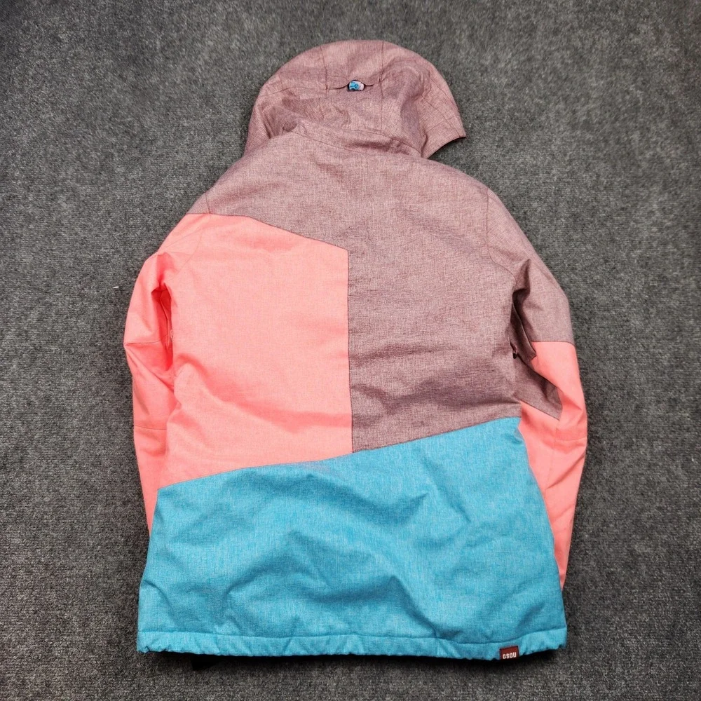GSOU SNOW Jacket Womens Medium Pink Blue‎ Colorblock Ski Snowboard Hooded 10K